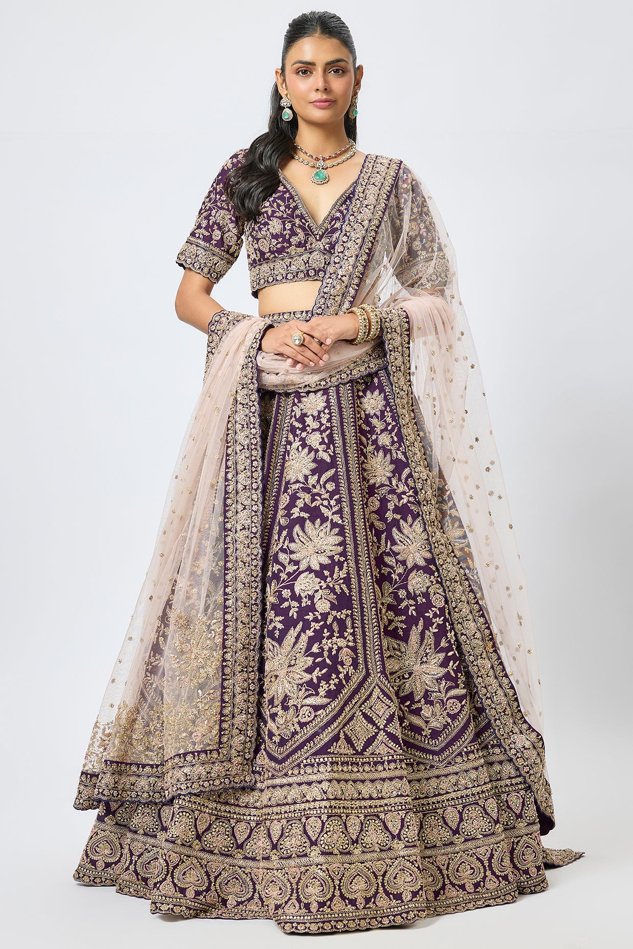purple raw silk cutdana hand & machine embroidered lehenga set