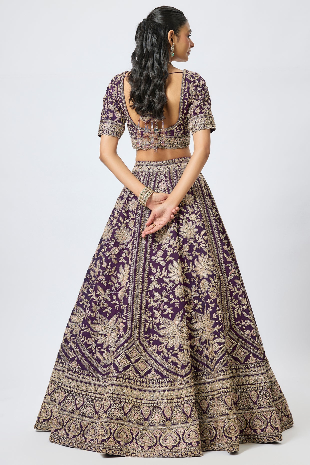 purple raw silk cutdana hand & machine embroidered lehenga set