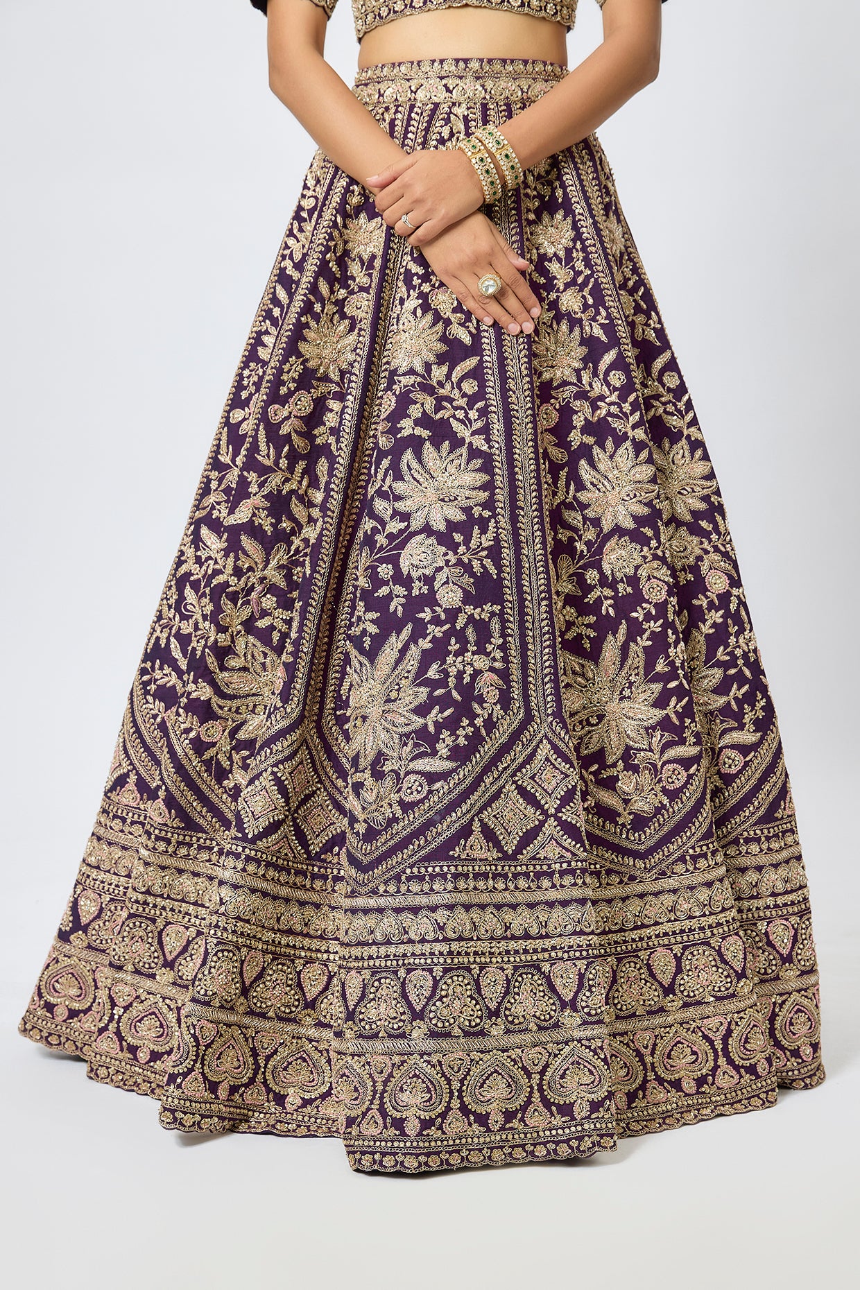 purple raw silk cutdana hand & machine embroidered lehenga set