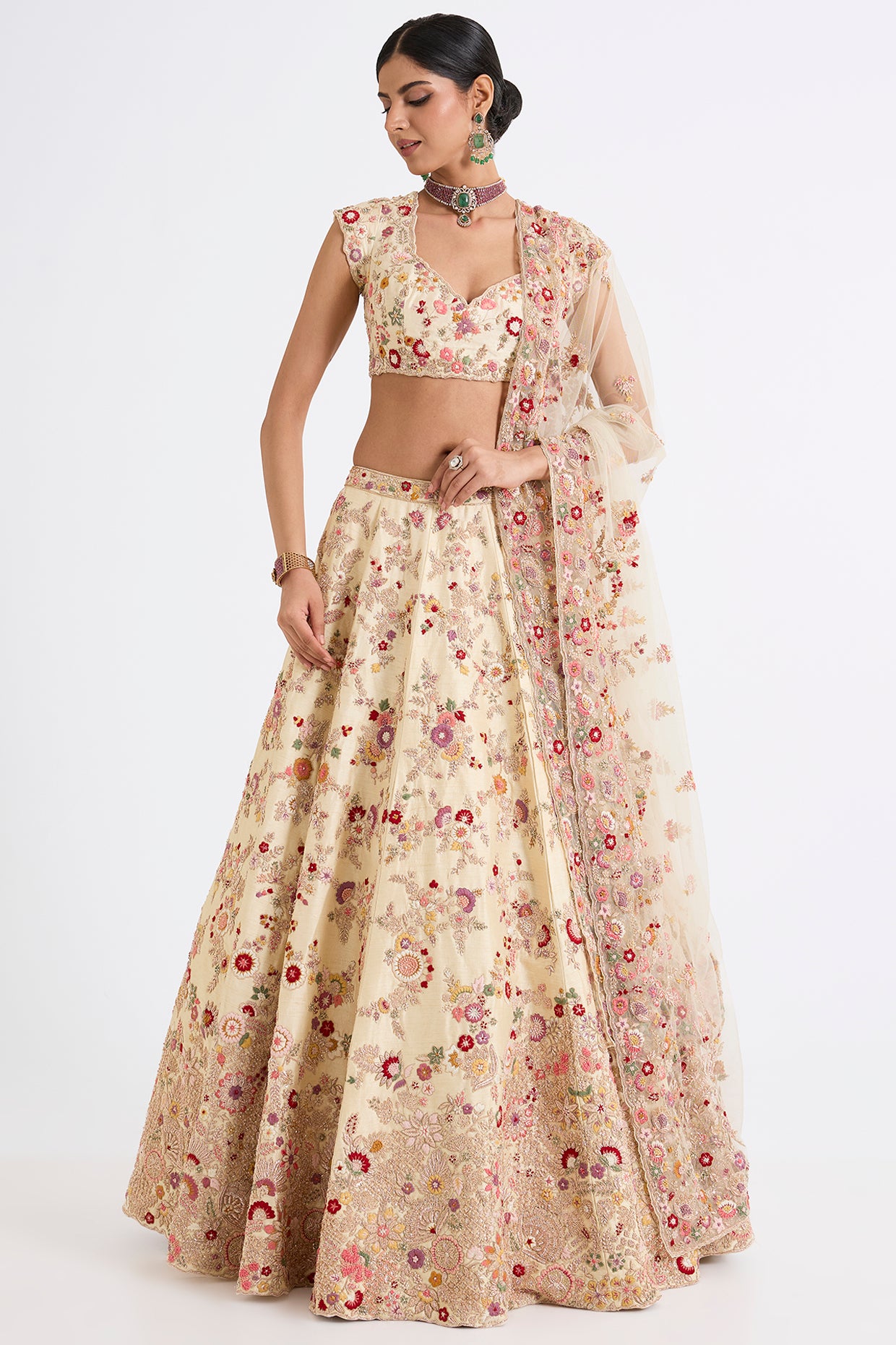 peach raw silk zari hand & machine embroidered lehenga set