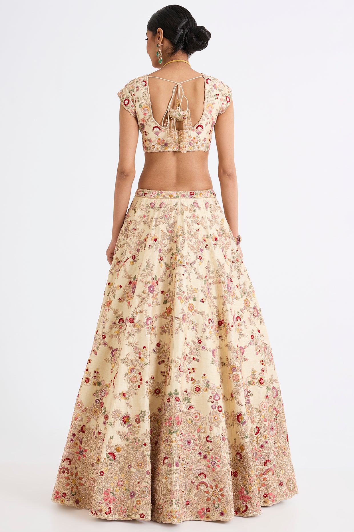 peach raw silk zari hand & machine embroidered lehenga set