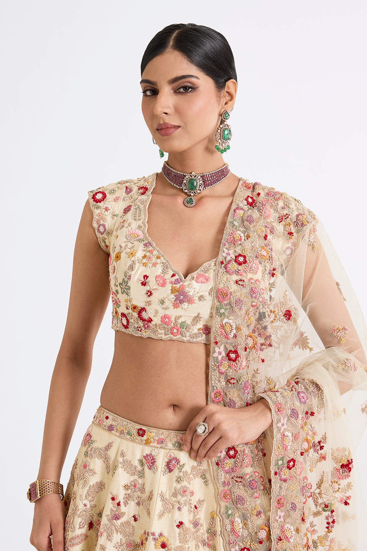 peach raw silk zari hand & machine embroidered lehenga set