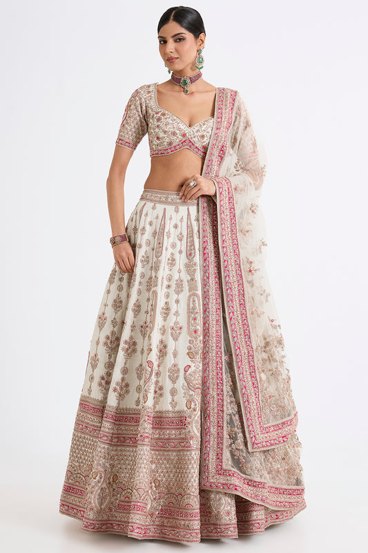 ivory raw silk zari hand & machine embroidered lehenga set