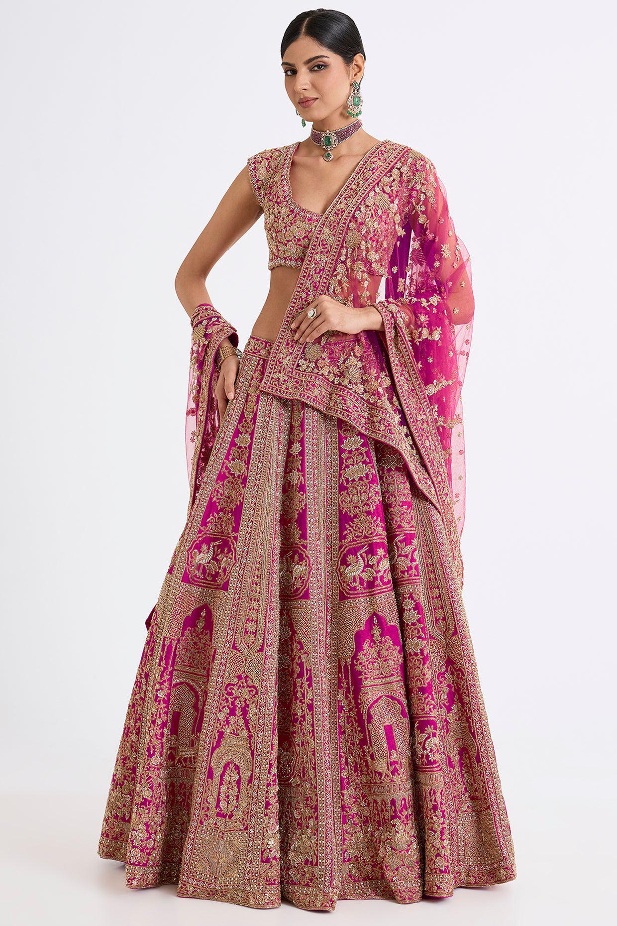 rani pink raw silk zari hand & machine embroidered lehenga set