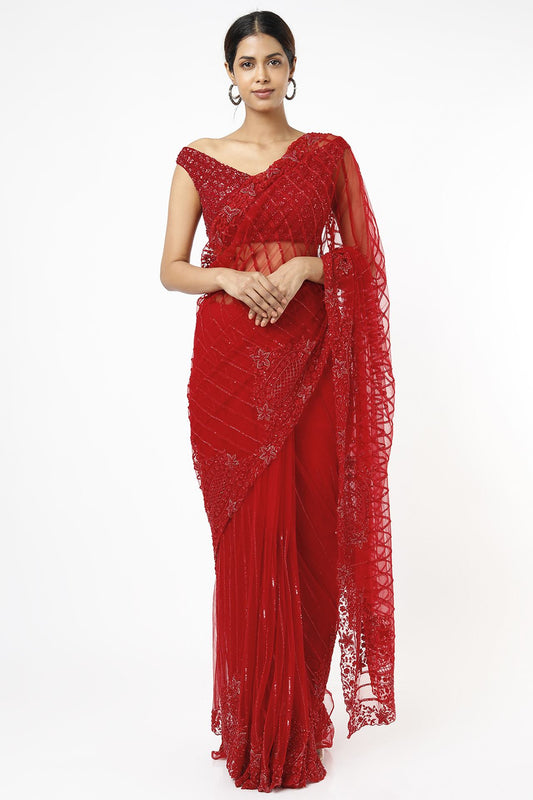 cadmium red sequins embroidered saree set