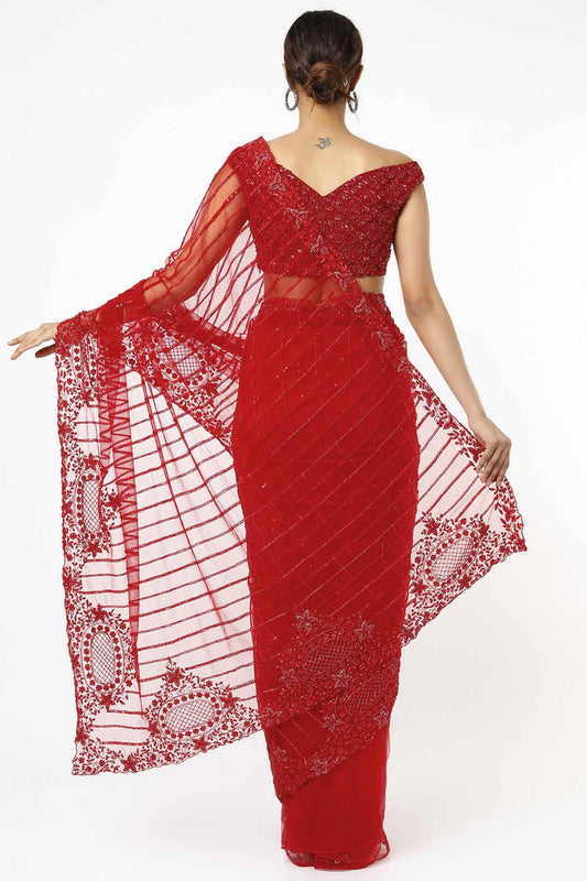 cadmium red sequins embroidered saree set