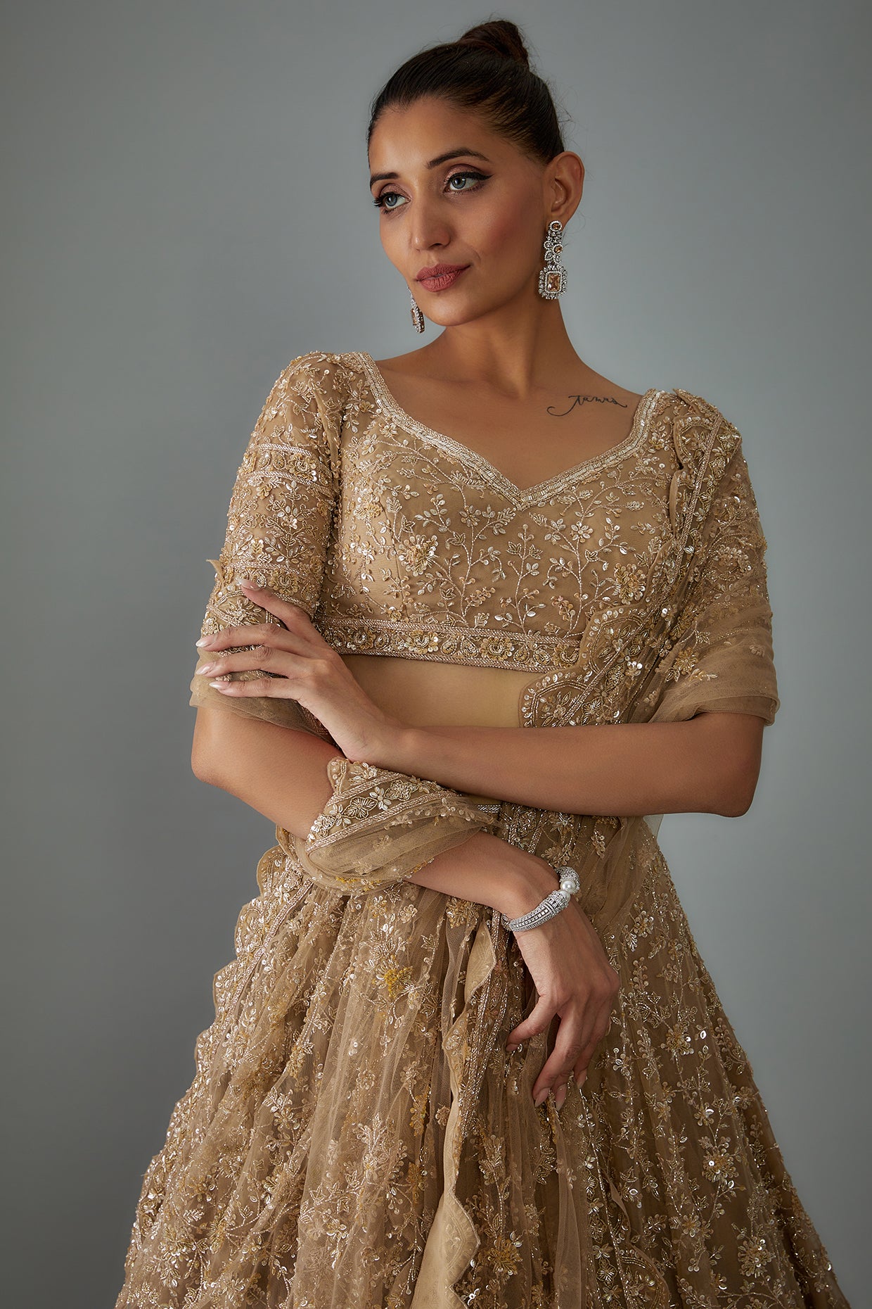 gold organza hand embroidered lehenga set