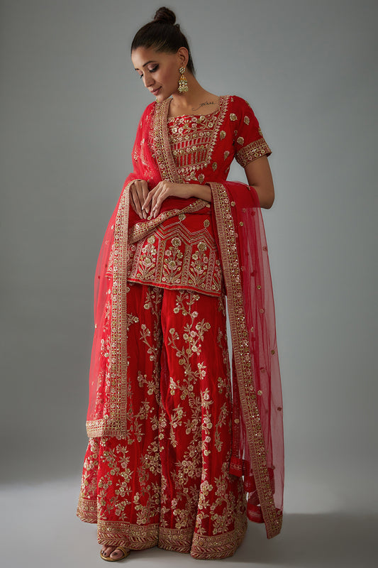 red organza embroidered sharara set
