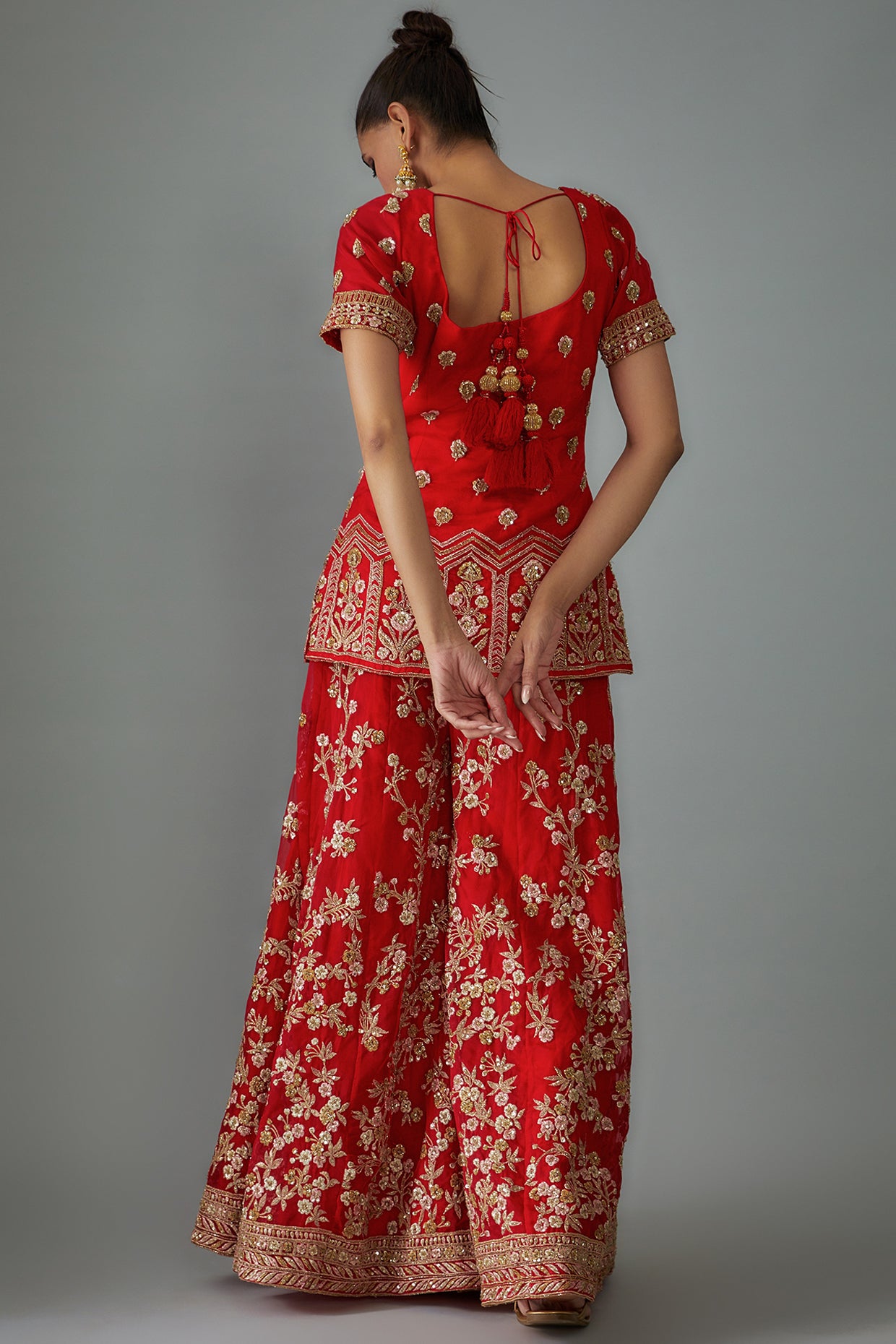 red organza embroidered sharara set