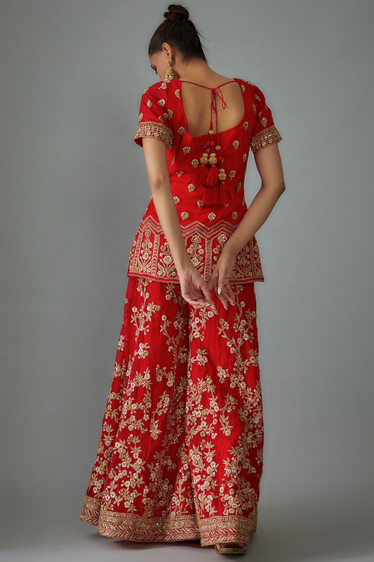 red organza embroidered sharara set