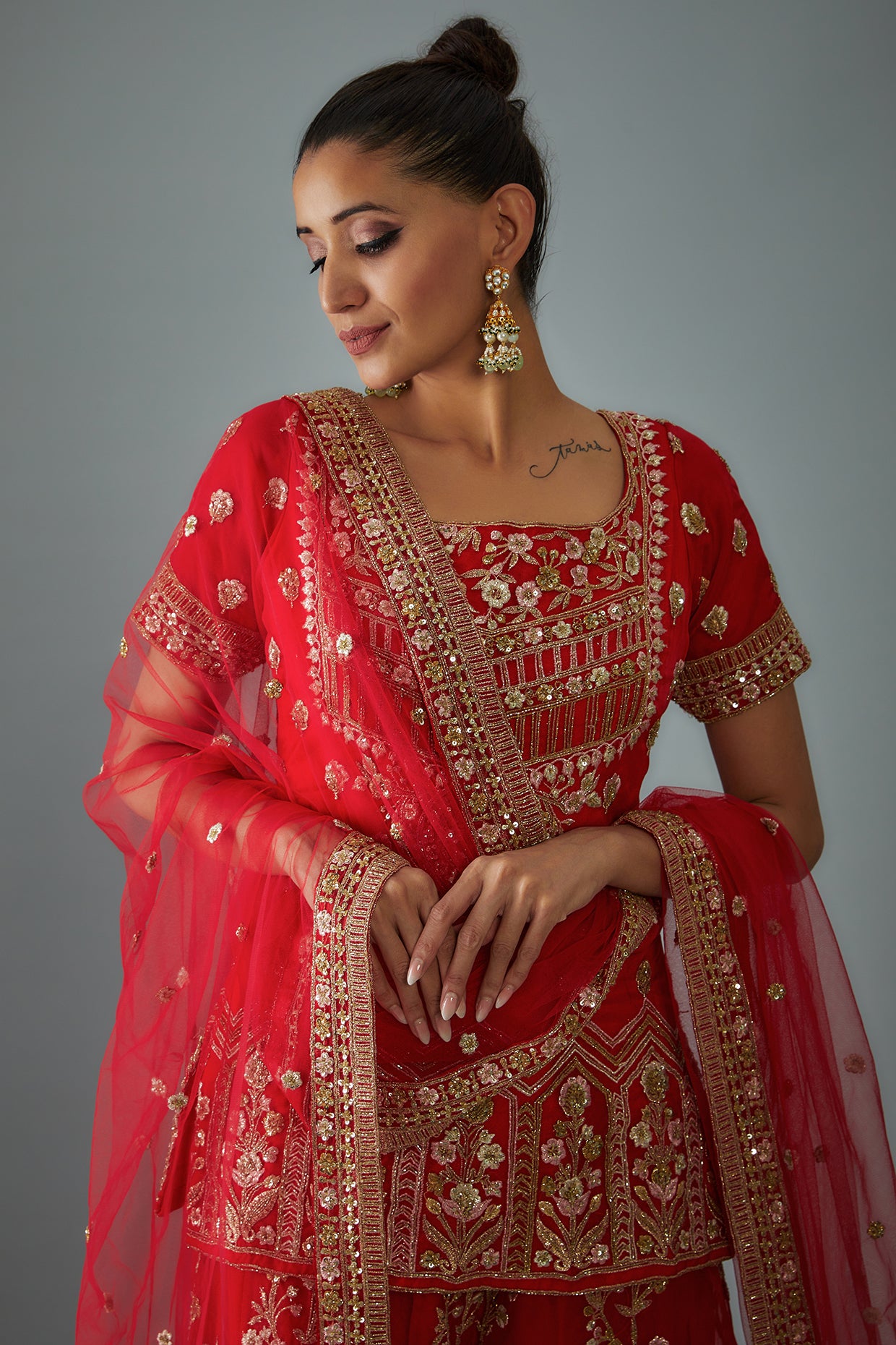 red organza embroidered sharara set