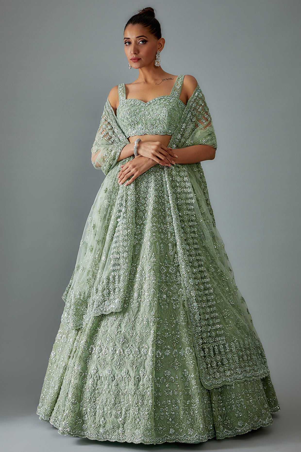 blue organza hand embroidered lehenga set