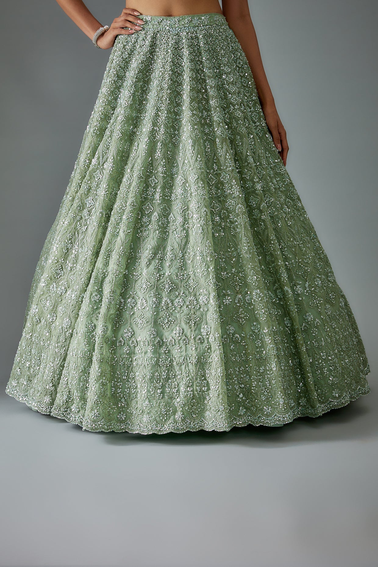 blue organza hand embroidered lehenga set