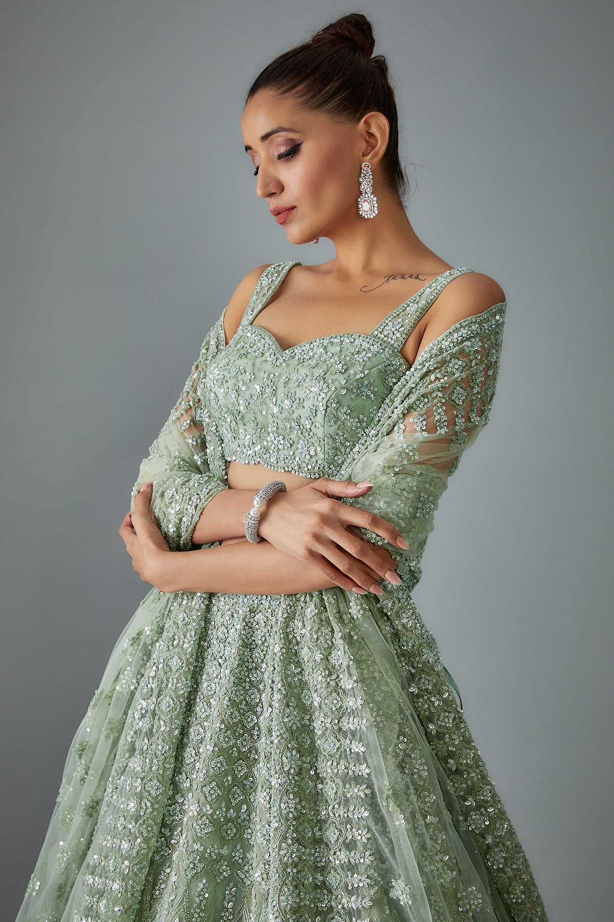 blue organza hand embroidered lehenga set