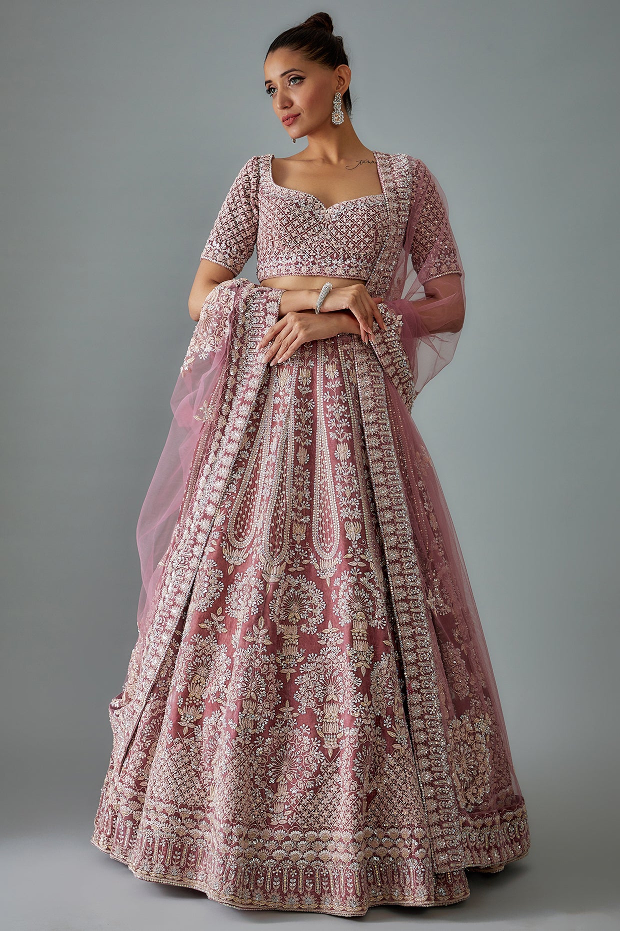 mauve velvet hand embroidered lehenga set
