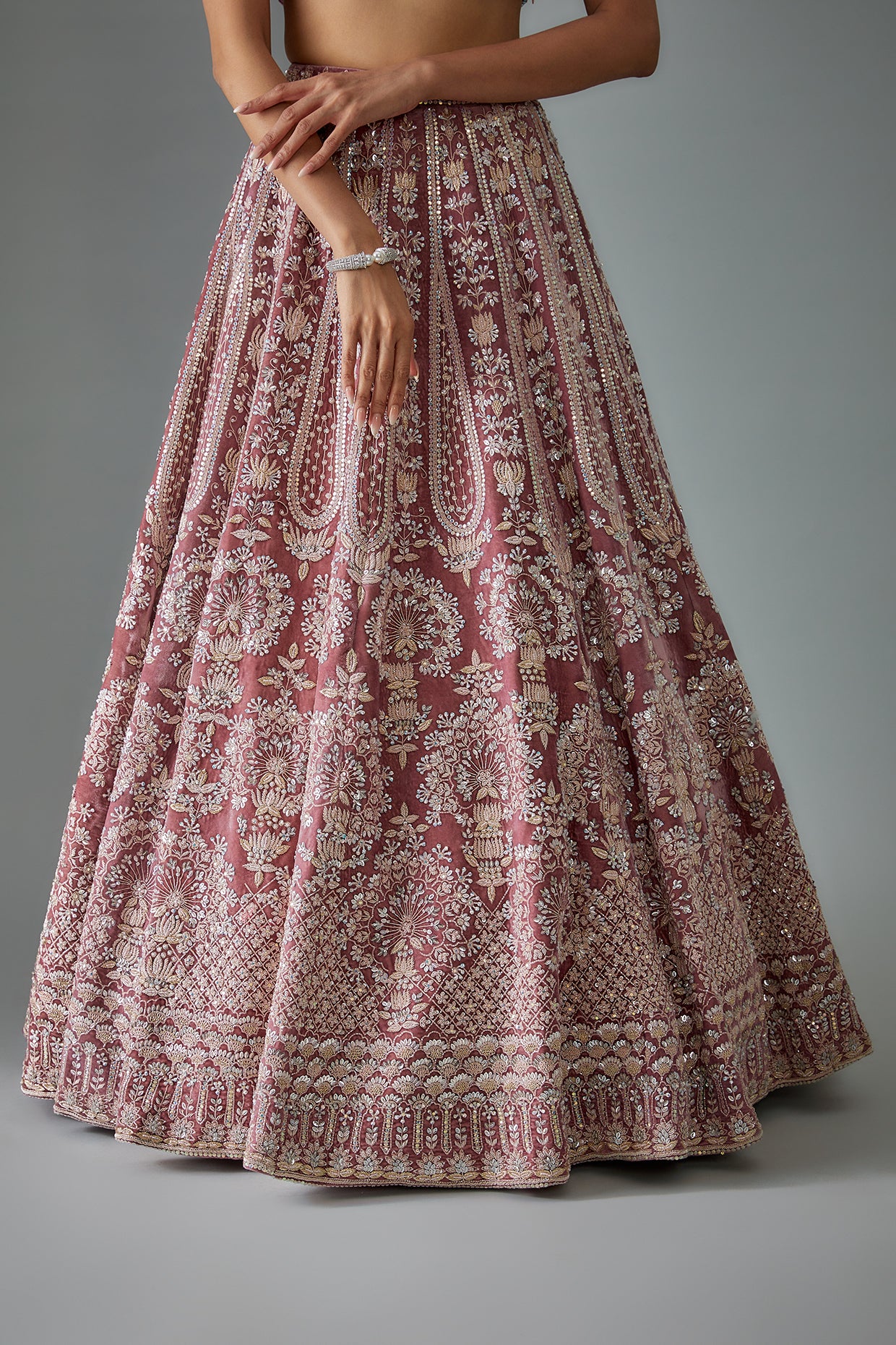 mauve velvet hand embroidered lehenga set