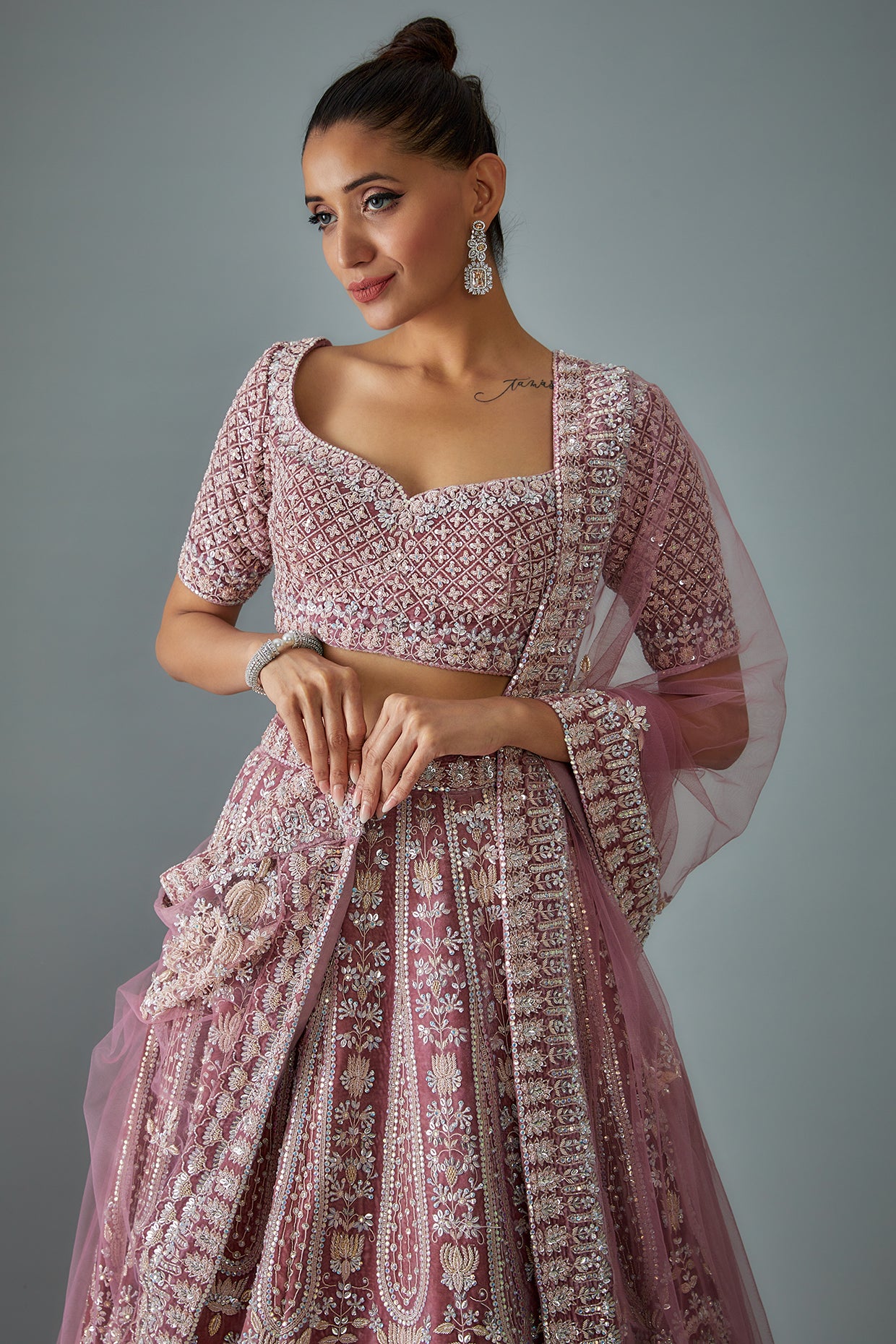 mauve velvet hand embroidered lehenga set