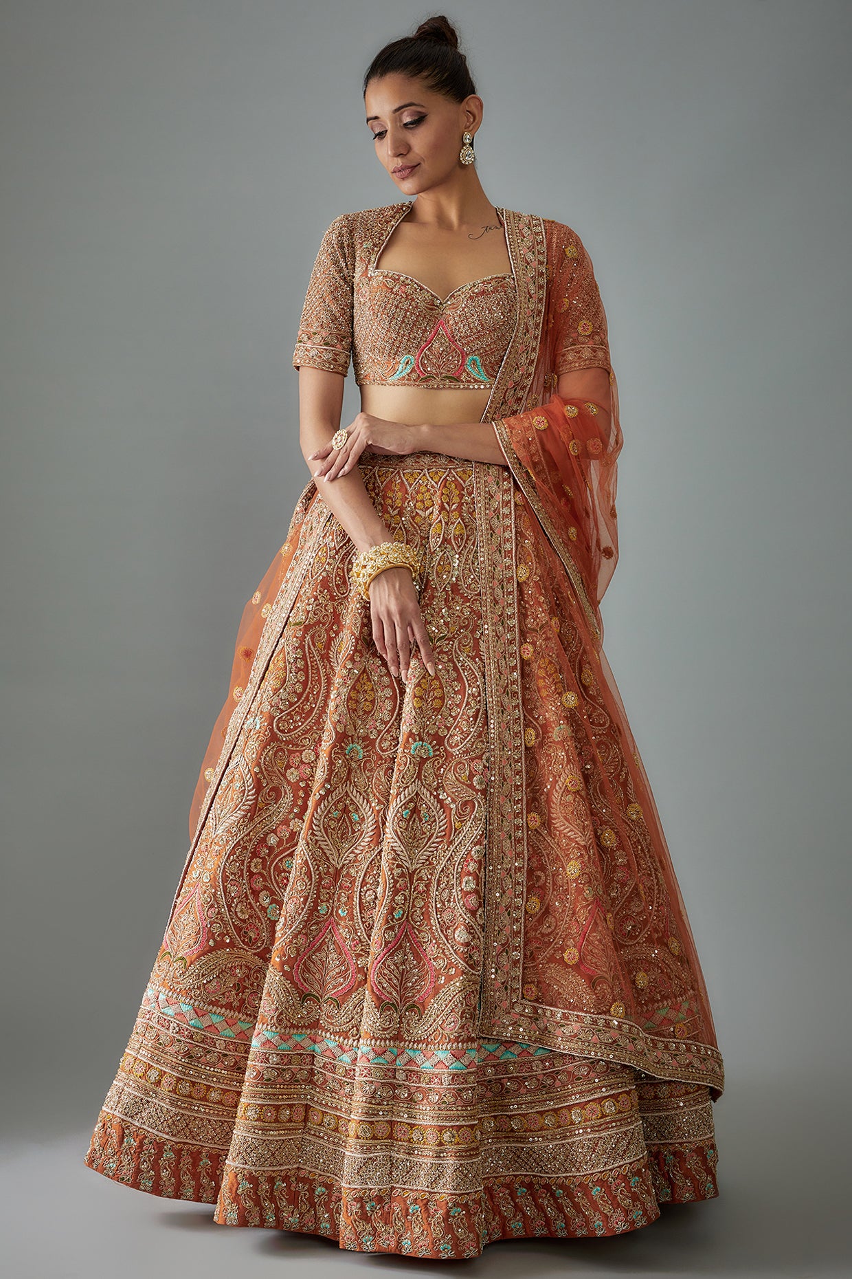orange raw silk hand embroidered lehenga set