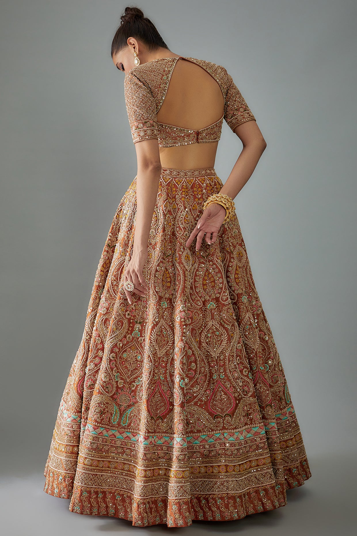 orange raw silk hand embroidered lehenga set