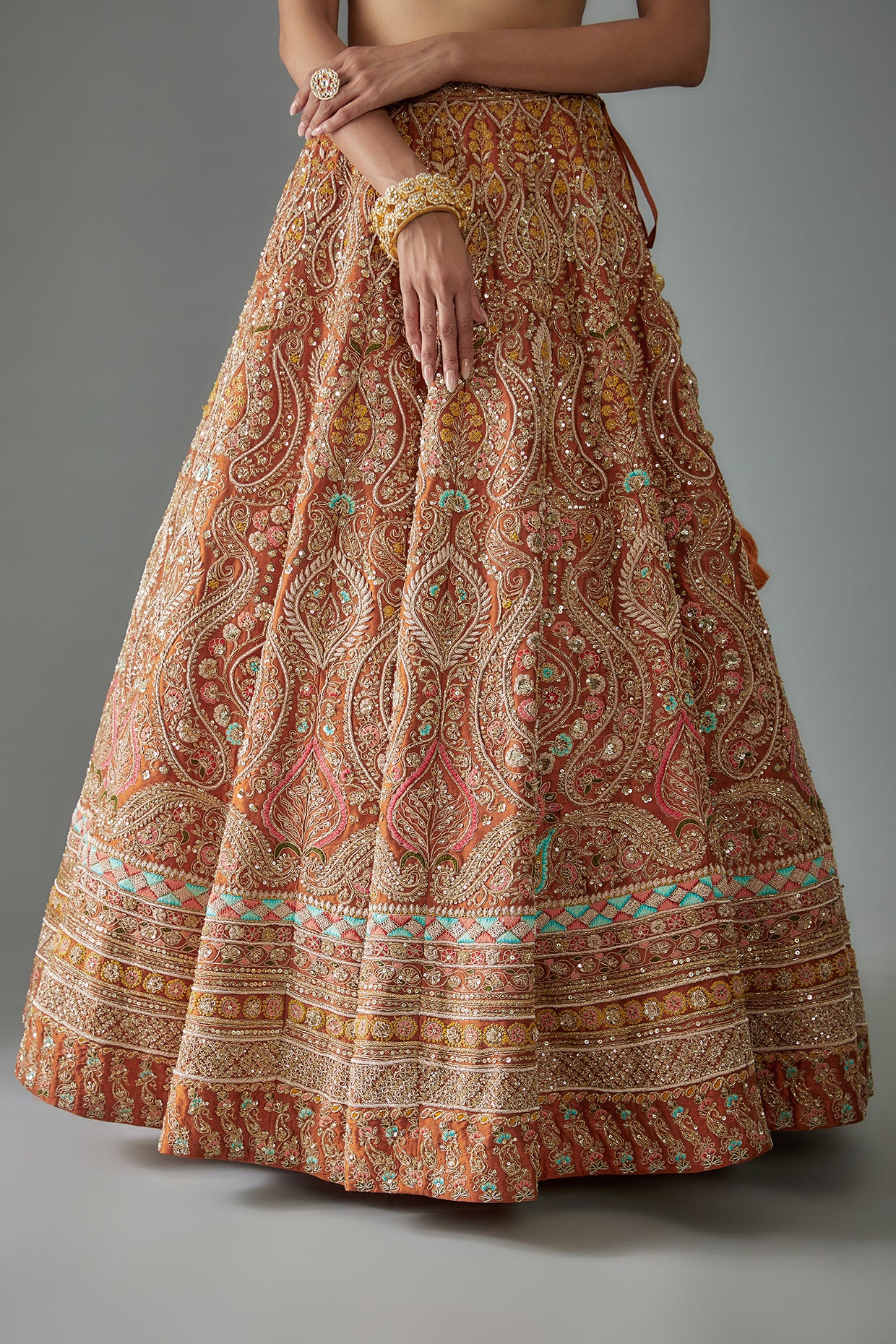 orange raw silk hand embroidered lehenga set