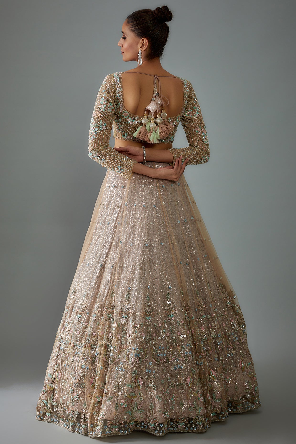 beige net hand embroidered lehenga set