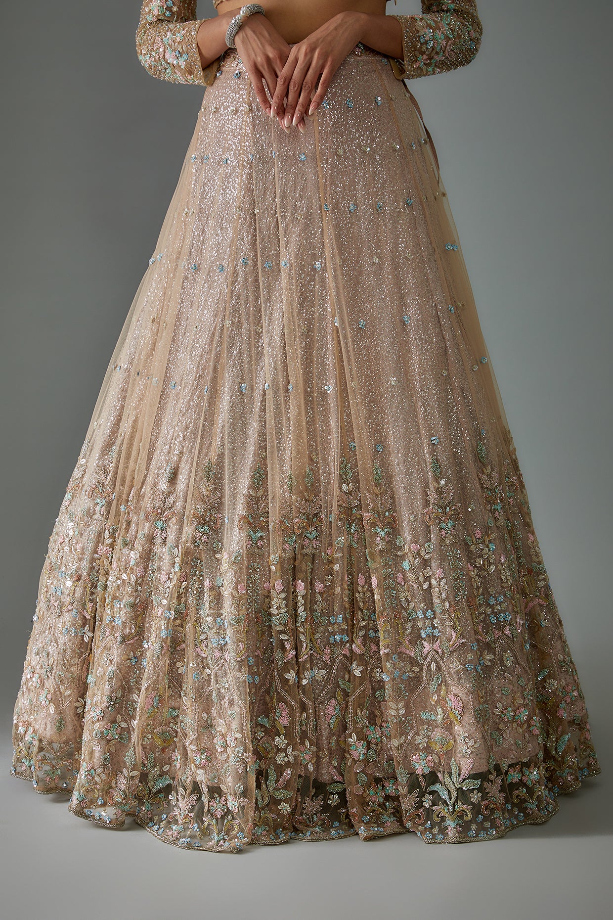 beige net hand embroidered lehenga set