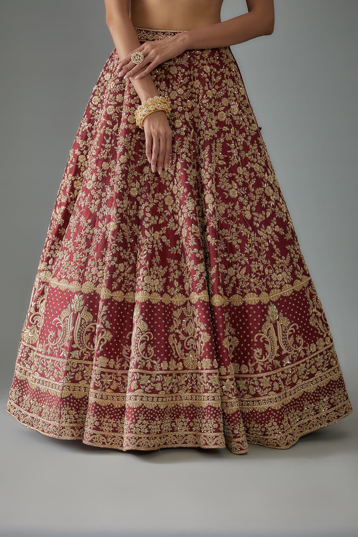maroon raw silk hand embroidered lehenga set