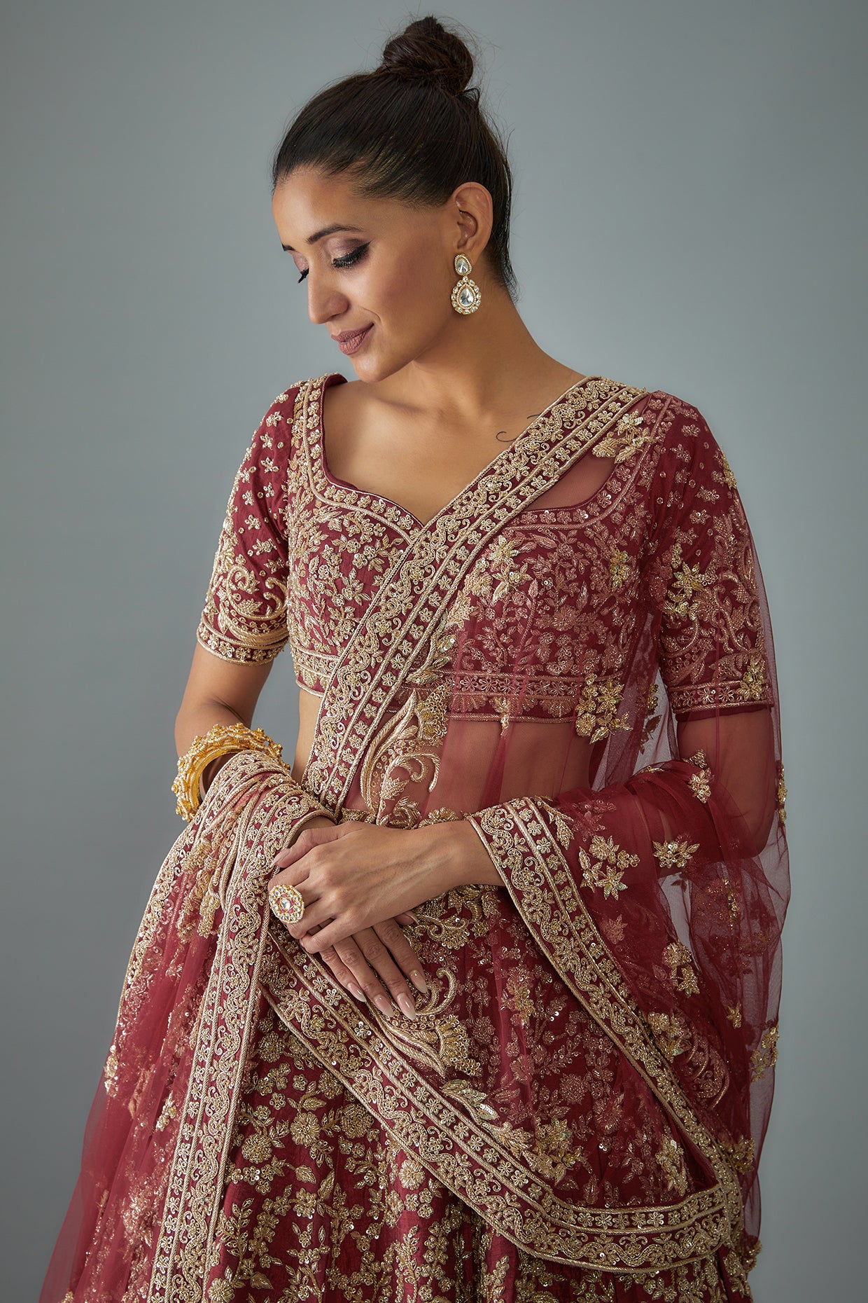 maroon raw silk hand embroidered lehenga set