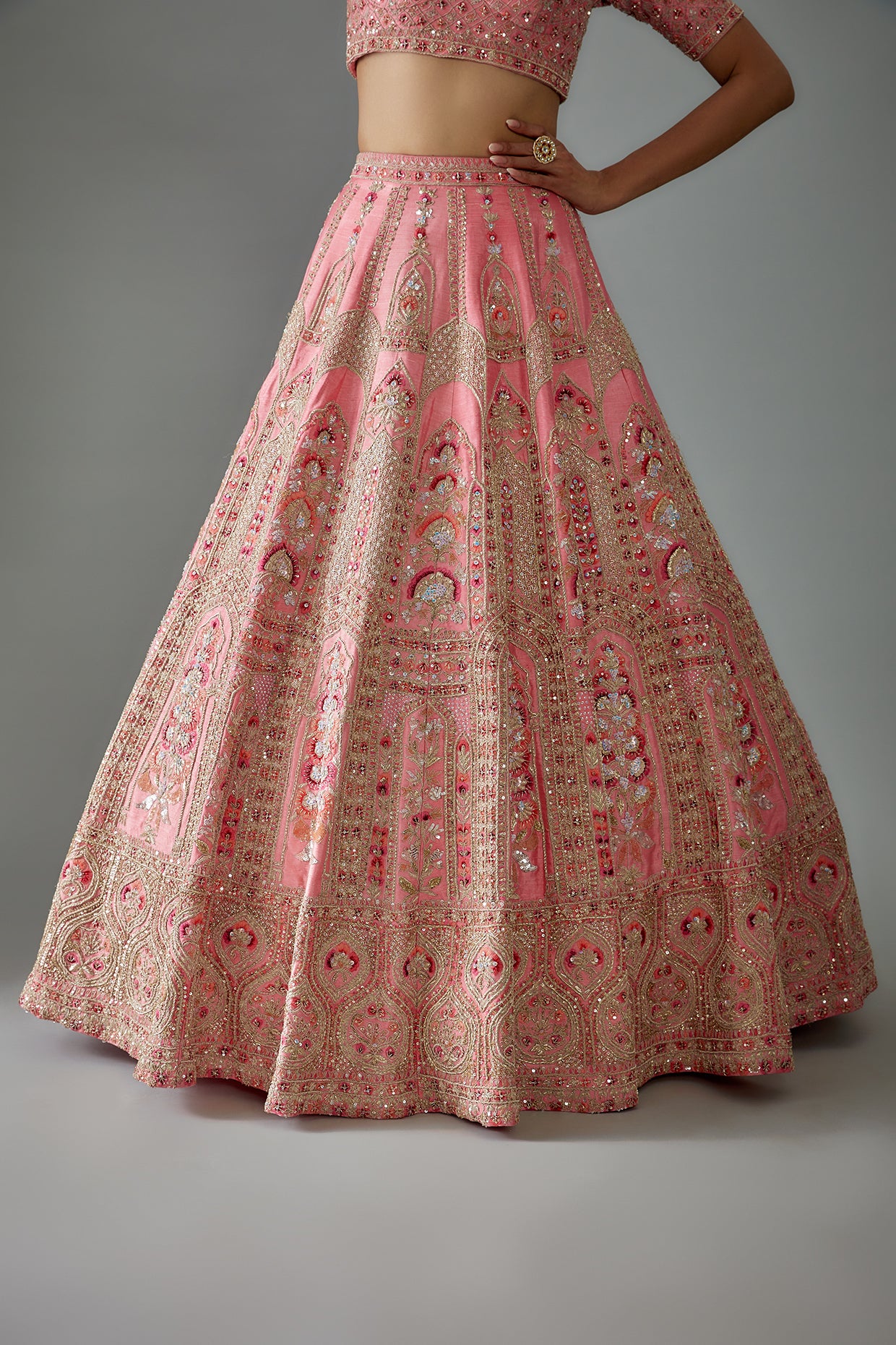 pink raw silk hand embroidered lehenga set
