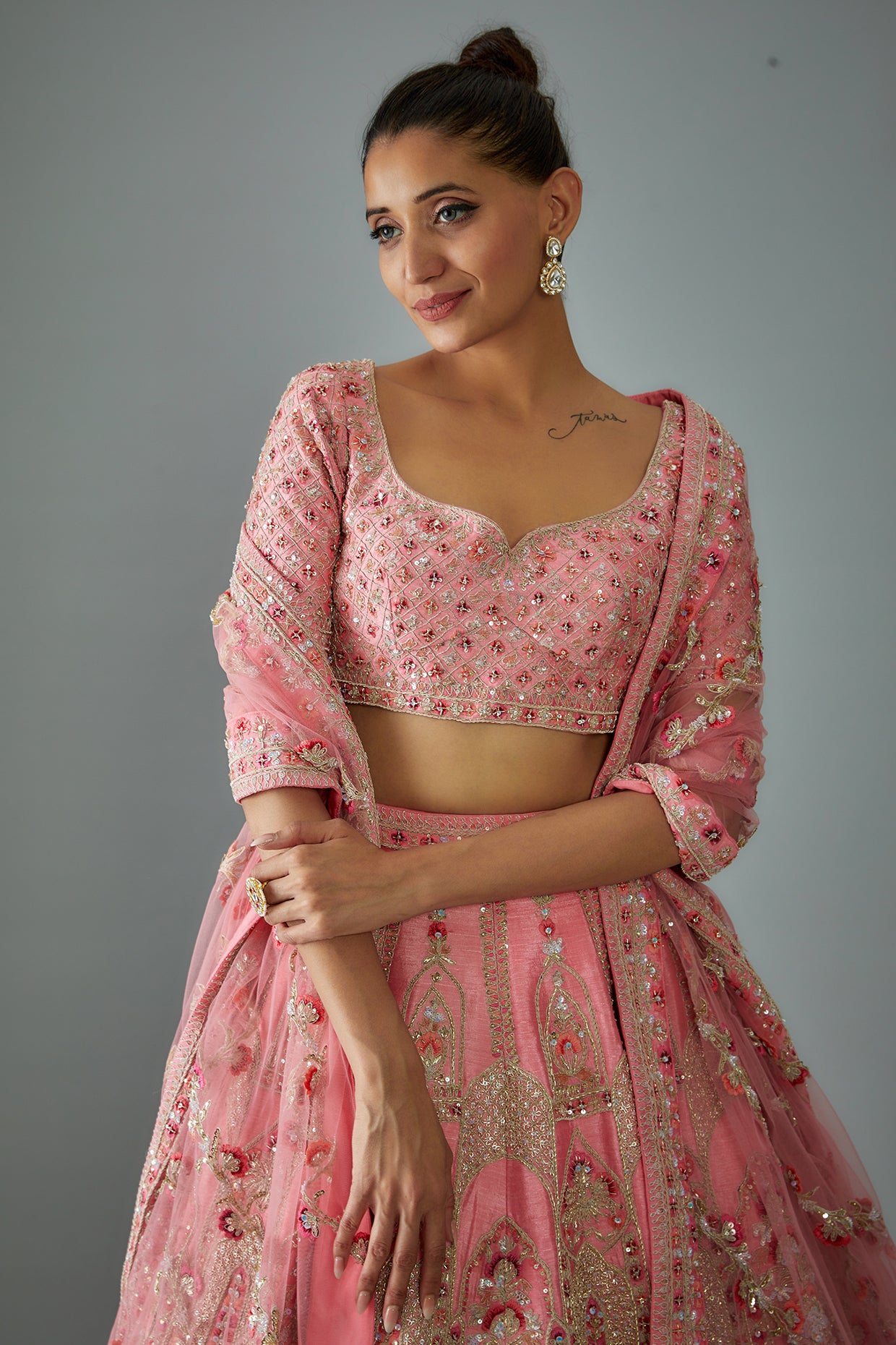 pink raw silk hand embroidered lehenga set