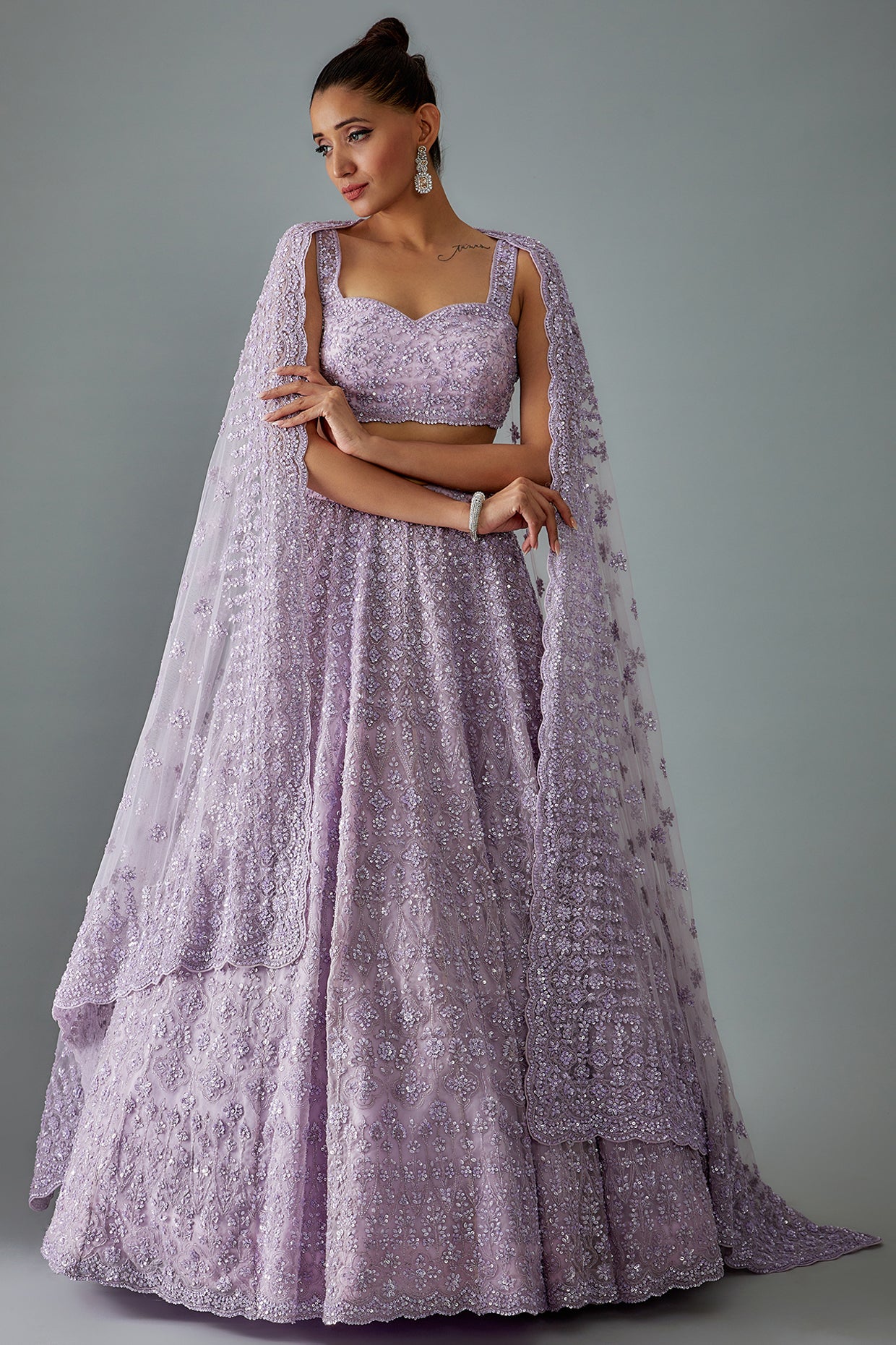 lilac organza hand embroidered lehenga set