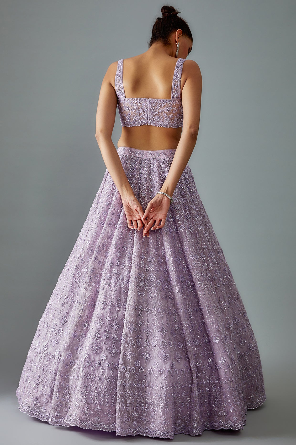 lilac organza hand embroidered lehenga set
