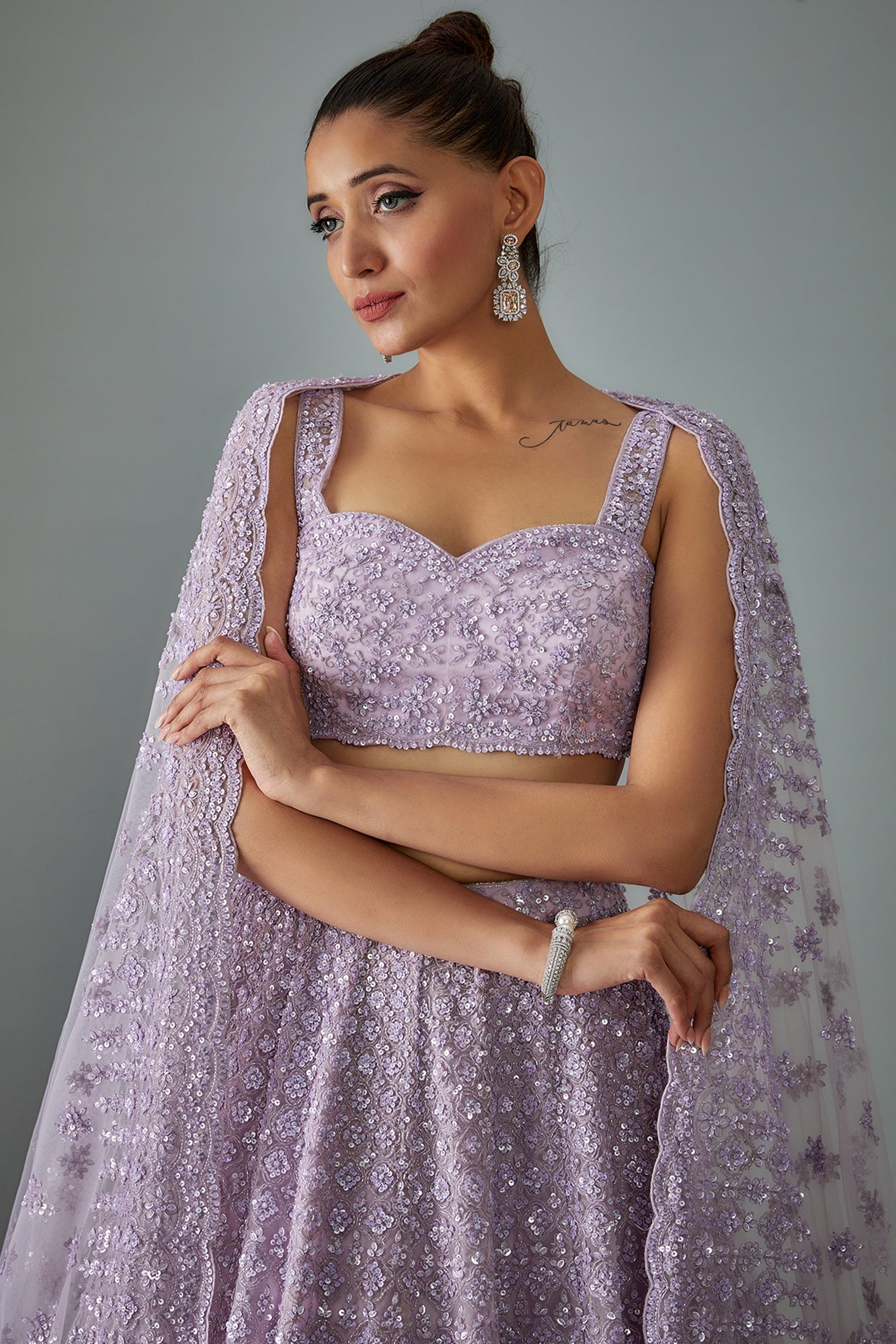 lilac organza hand embroidered lehenga set