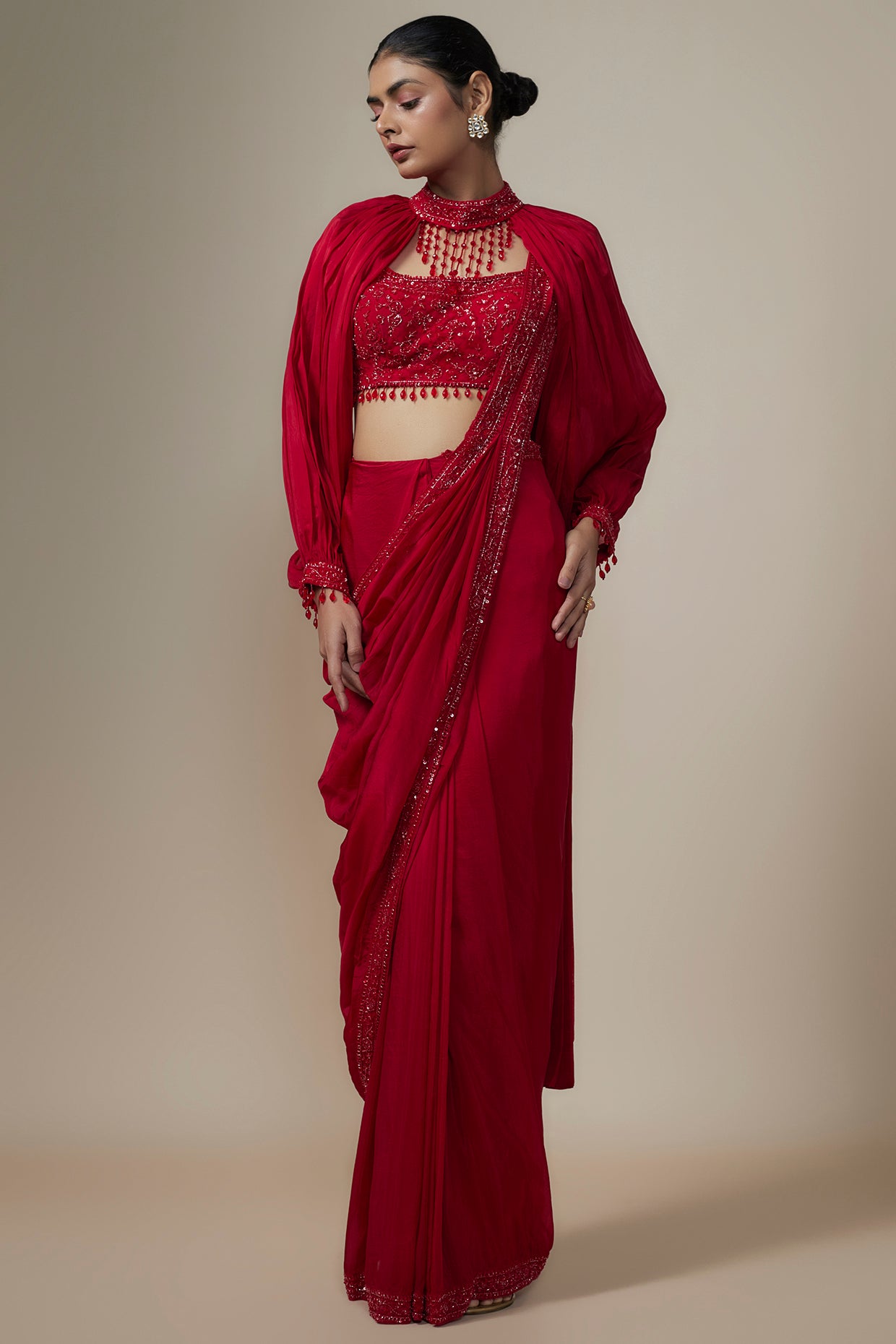 cadmium red organza sequins embroidered saree set