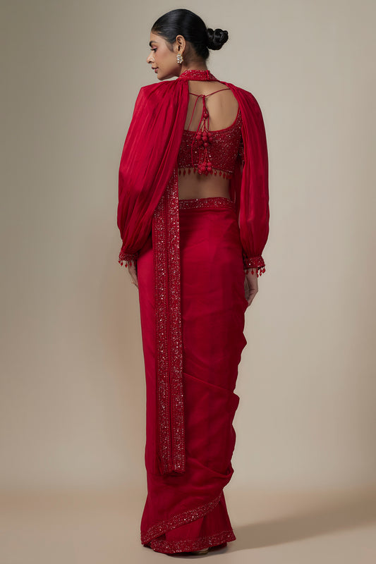 cadmium red organza sequins embroidered saree set