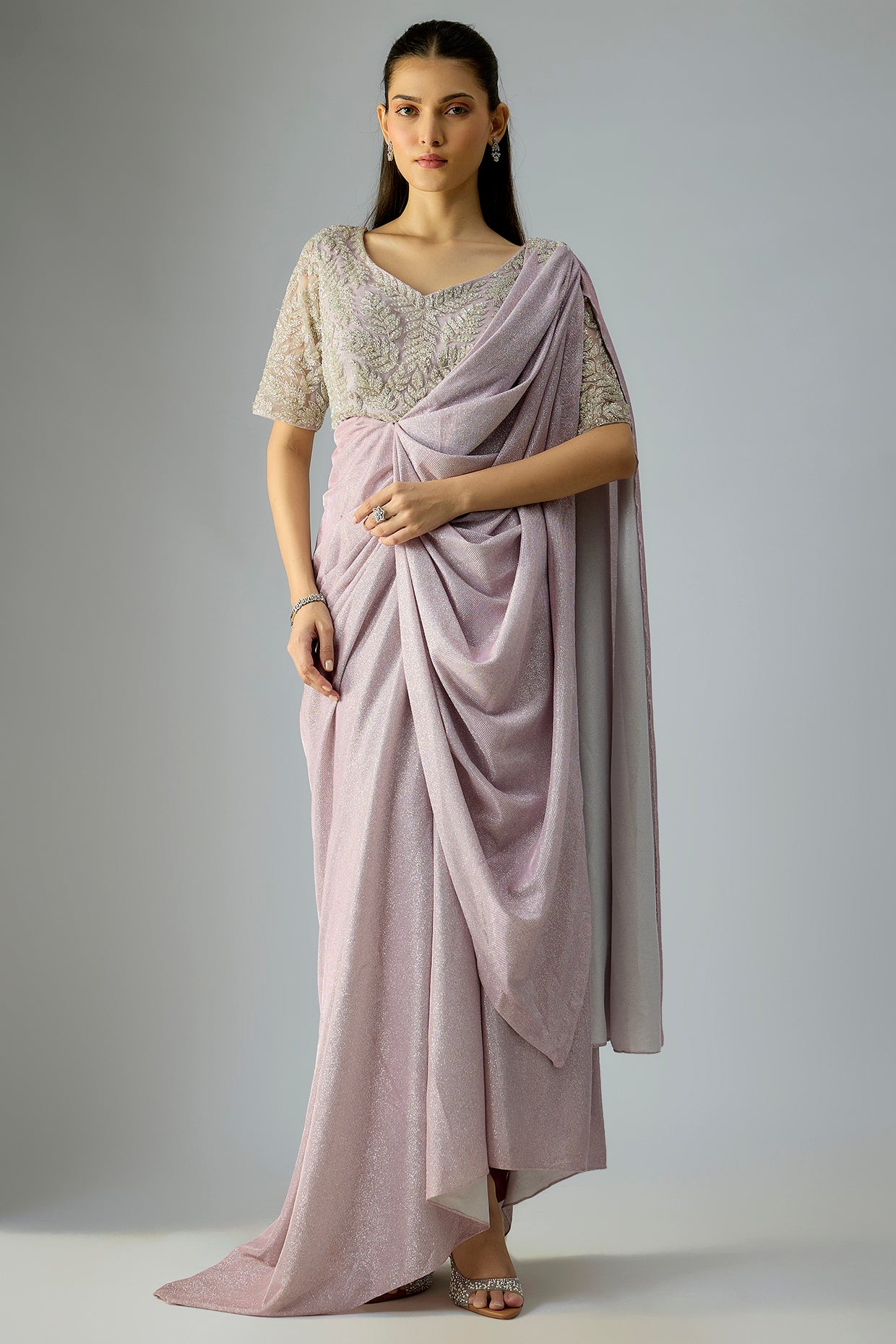 lilac glitter fabric shimmer saree