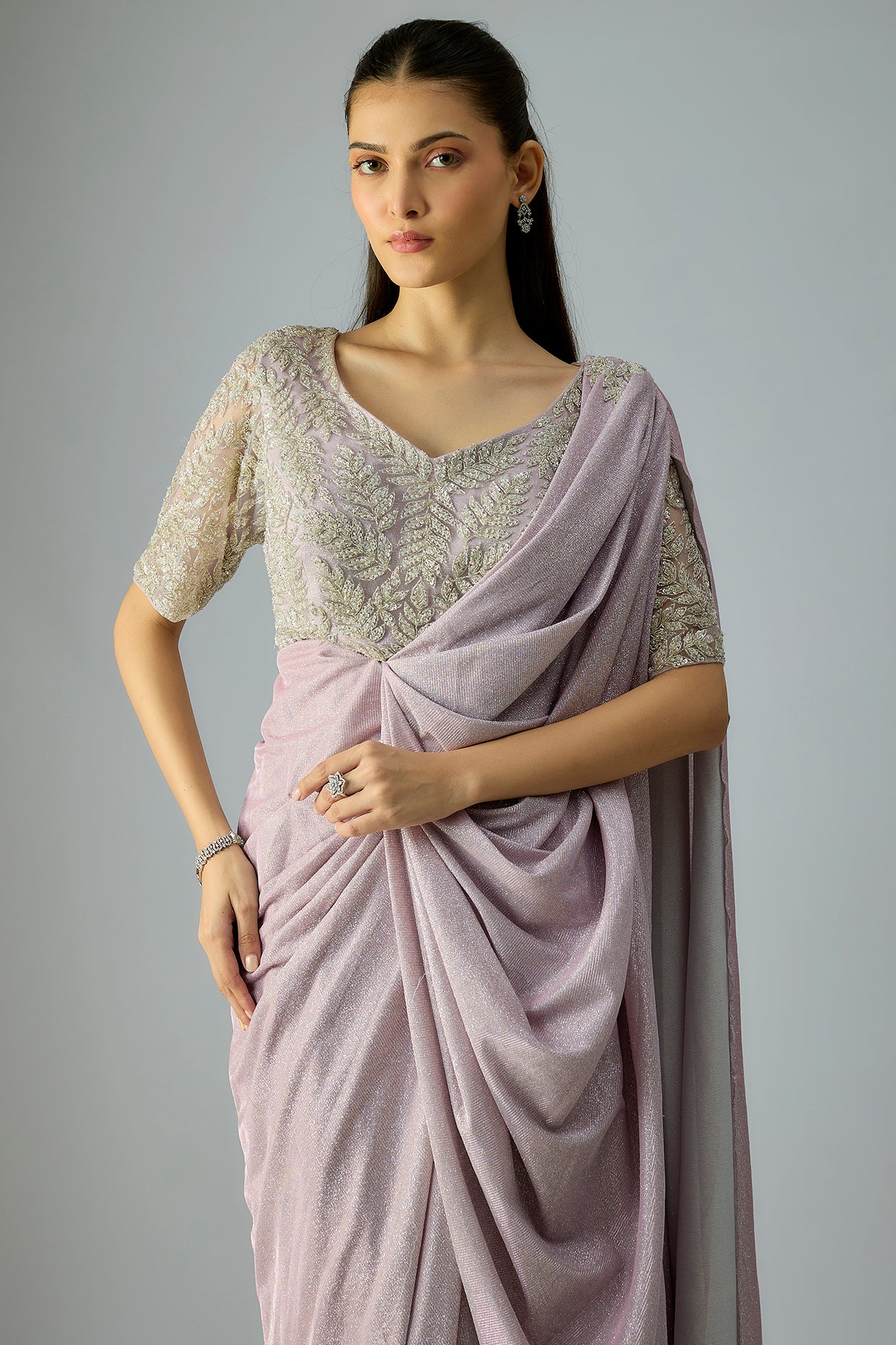 lilac glitter fabric shimmer saree