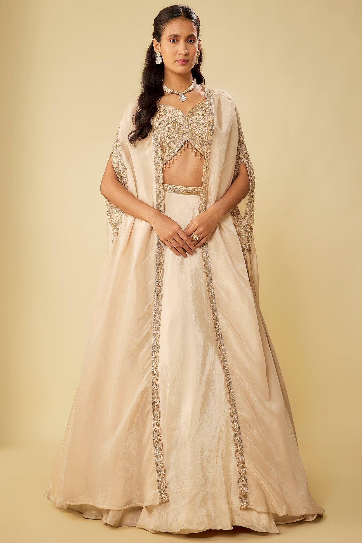 gold tissue zardosi embroidered jacket lehenga set