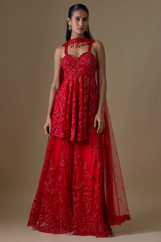 red organza hand & machine embroidered sharara set