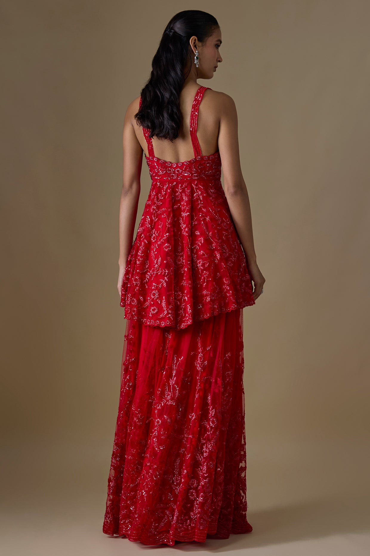 red organza hand & machine embroidered sharara set