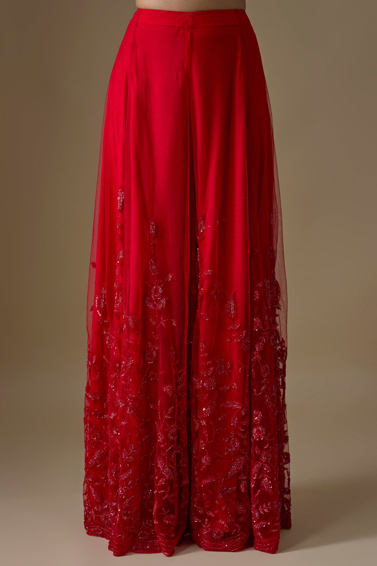 red organza hand & machine embroidered sharara set