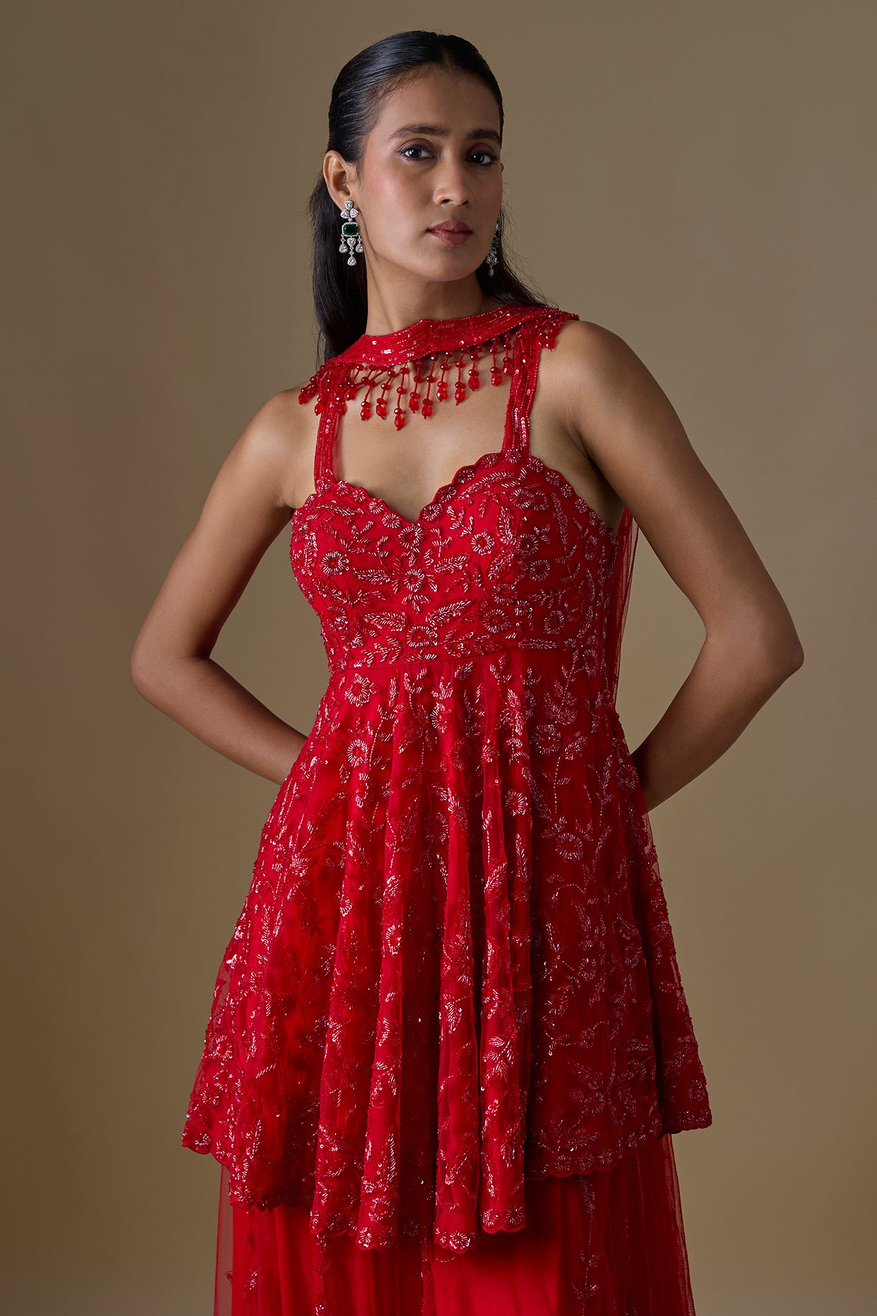 red organza hand & machine embroidered sharara set