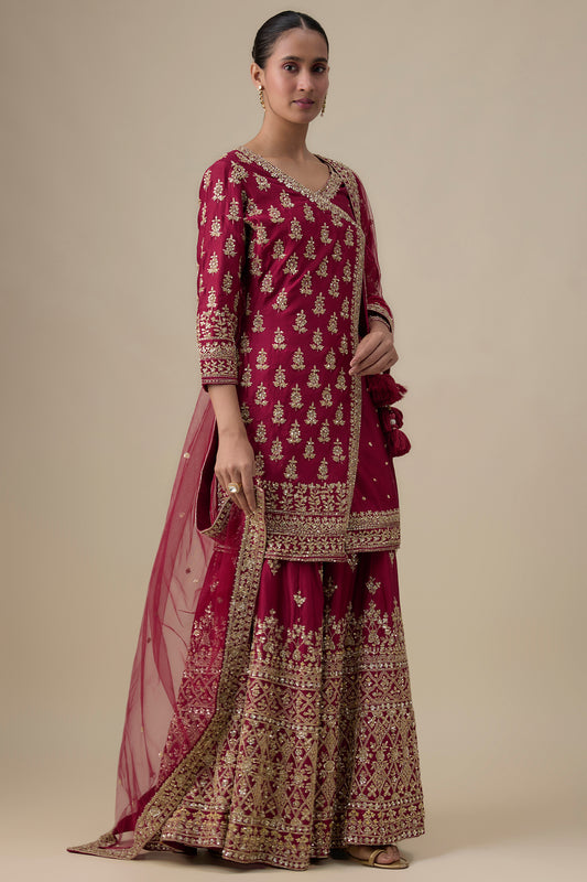maroon chanderi silk zardosi embroidered sharara set