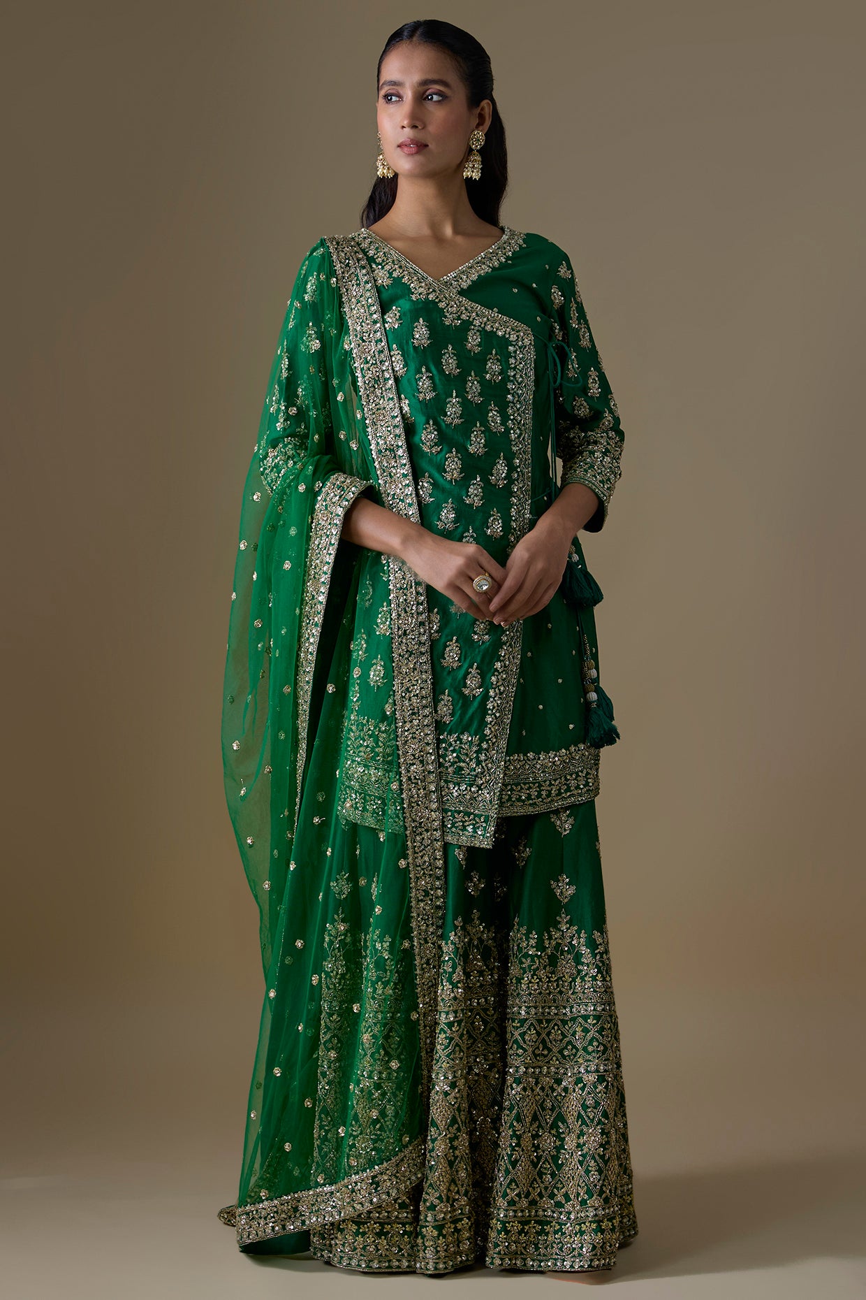green chanderi silk zardosi embroidered sharara set