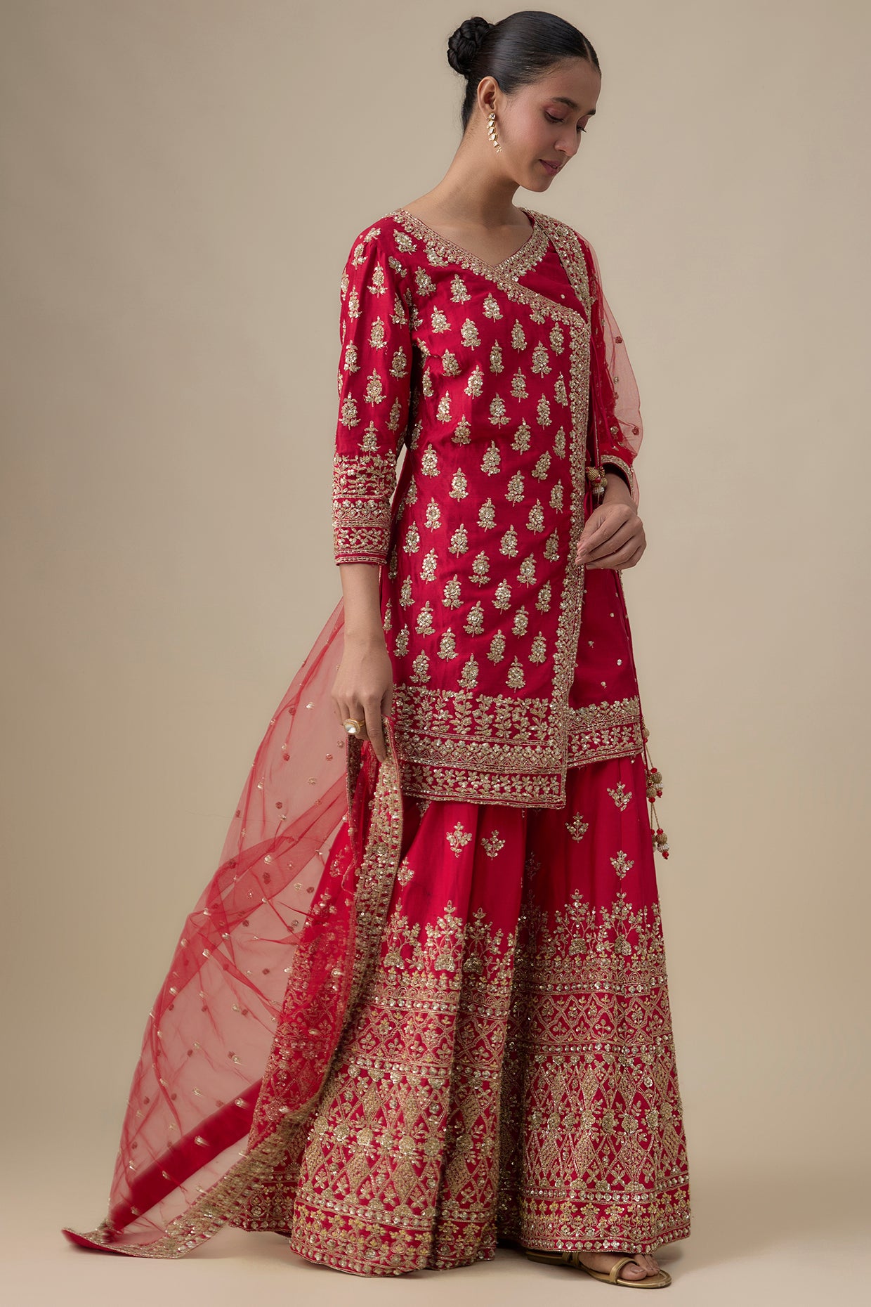 red chanderi silk zardosi embroidered sharara set