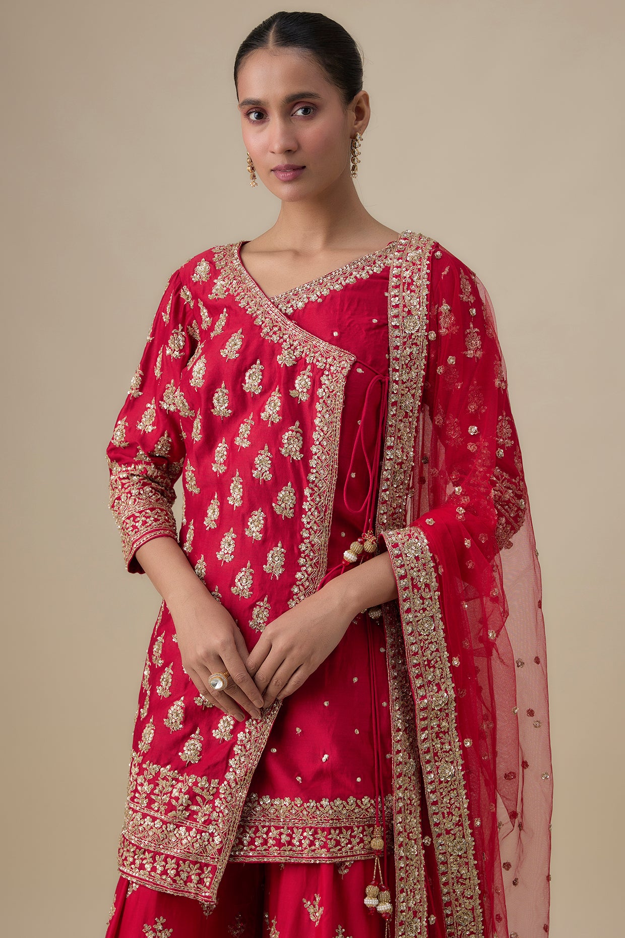 red chanderi silk zardosi embroidered sharara set