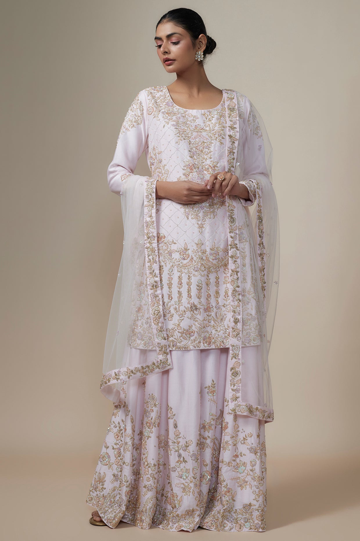 pink chanderi silk aari & zardosi embroidered sharara set