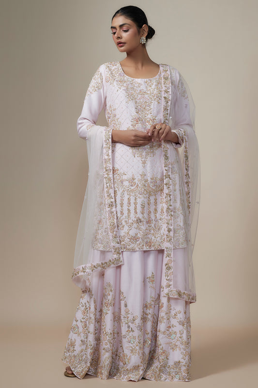 pink chanderi silk aari & zardosi embroidered sharara set