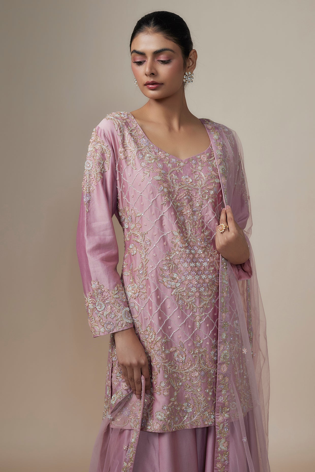 mauve chanderi silk aari & zardosi embroidered sharara set