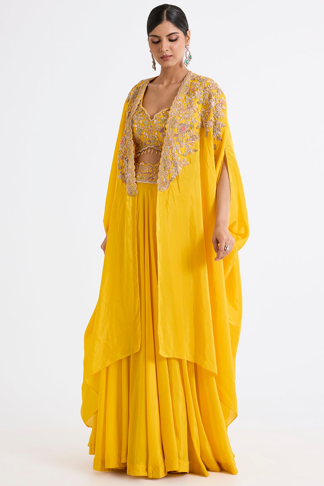 yellow habutai silk embroidered cape lehenga set
